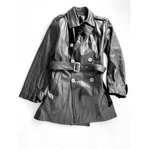 IMAN Dark Blue Genuine Leather Belted Trench Coat Size XL